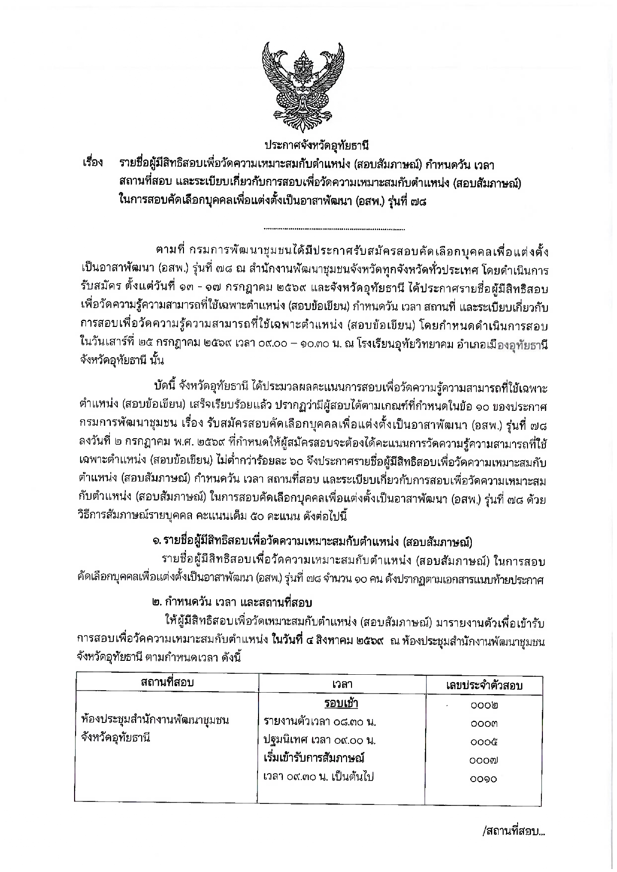 ประกาศจังหวัดอุทัยธานี เรื่อง รายชื่อผู้มีสิทธิสอบเพื่อวัดความเหมาะสมกับตำแหน่ง (สอบสัมภาษณ์) อสพ. รุ่นที่ 78